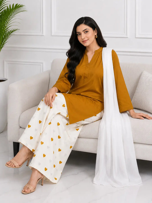 3 Pcs Women's Stitched Cotton Printed Suit viral Heart Printed