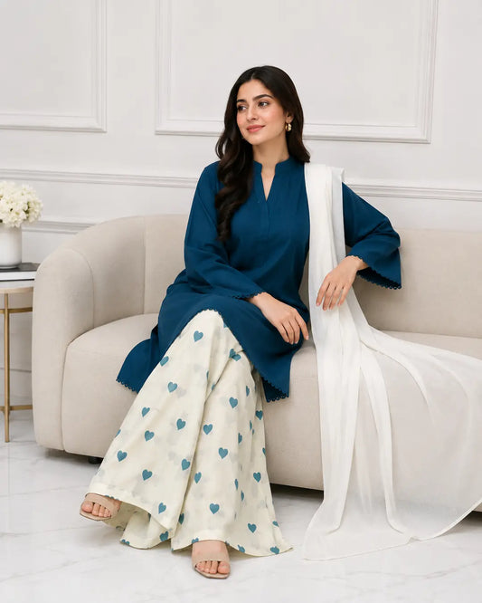 3 Pcs Women's Stitched Cotton Printed Suit viral Heart Printed