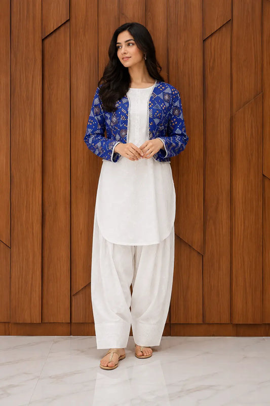 3 Pcs Women's Stitched Cotton Printed Shirt And Trouser with Chungi printed Koti