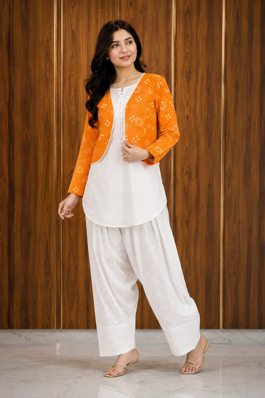 3 Pcs Women's Stitched Cotton Printed Shirt And Trouser with Chungi printed Koti