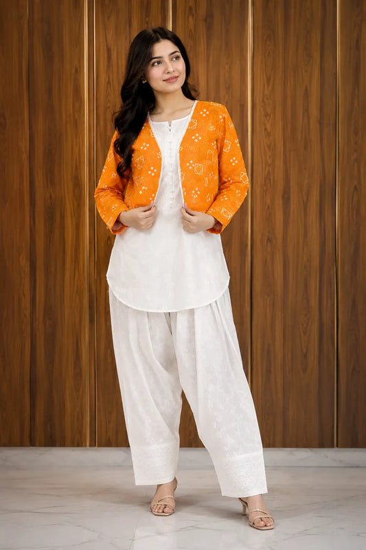 3 Pcs Women's Stitched Cotton Printed Shirt And Trouser with Chungi printed Koti