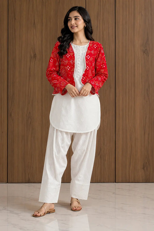 Markaz verified seller MZ2381200411MBASWE   Save· 9 3 Pcs Women's Stitched Cotton Printed Shirt And Trouser with Chungi printed Koti