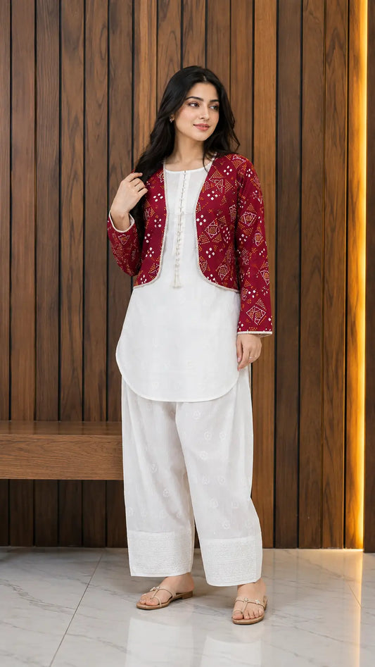 3 Pcs Women's Stitched Cotton Printed Shirt And Trouser with Chungi printed Koti