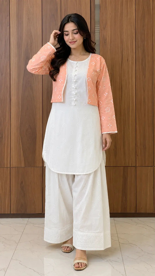 3 Pcs Women's Stitched Cotton Printed Shirt And Trouser with Chungi printed Koti