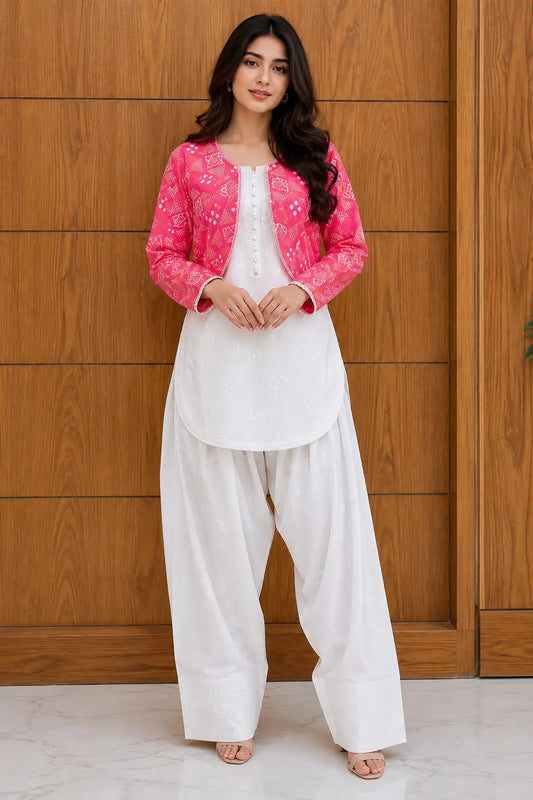 3 Pcs Women's Stitched Cotton Printed Shirt And Trouser with Chungi printed Koti