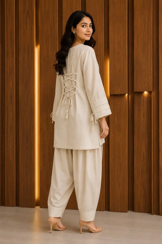 2 Pcs Women's Stitched Premium Cotton Plain Shirt And Farshi Shalwar