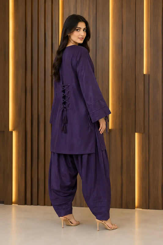 2 Pcs Women's Stitched Premium Cotton Plain Shirt And Farshi Shalwar