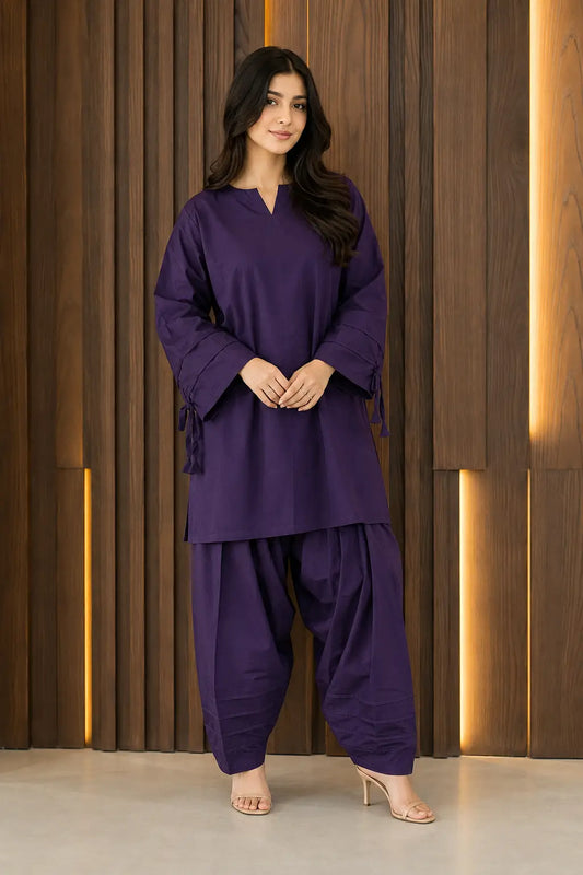2 Pcs Women's Stitched Premium Cotton Plain Shirt And Farshi Shalwar