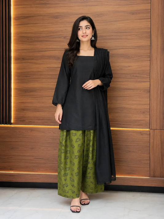 3 Pcs Women's Stitched Cotton Printed Suit with Farshi Shalwar and Dupatta