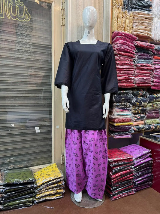 3 Pcs Women's Stitched Cotton Printed Suit with Farshi Shalwar and Dupatta