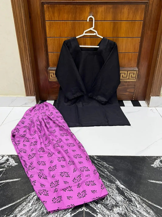 3 Pcs Women's Stitched Cotton Printed Suit with Farshi Shalwar and Dupatta