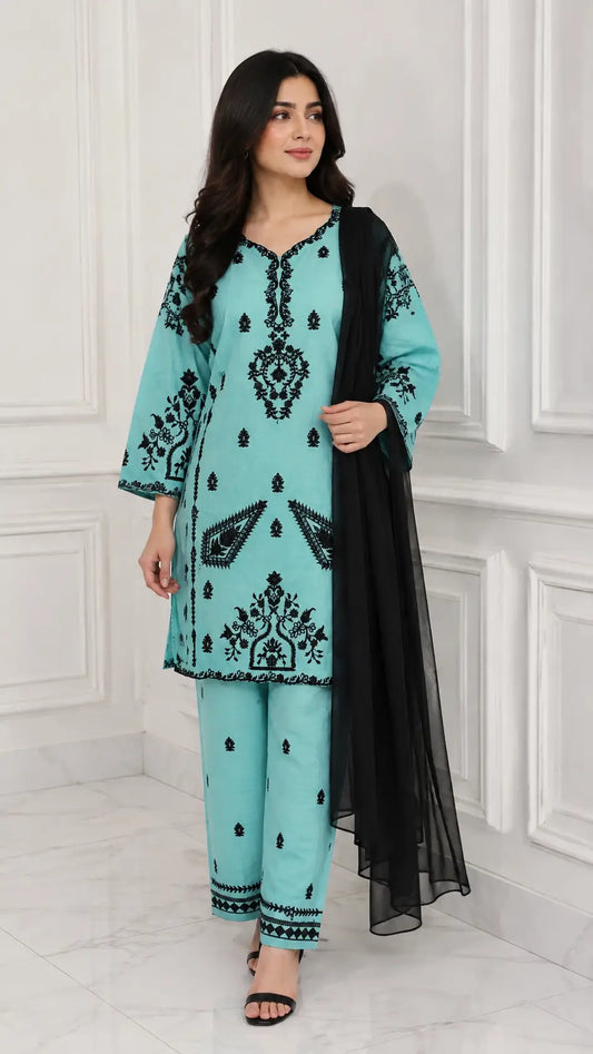 3 Pcs Women's Stitched Cotton Embroidered Suit