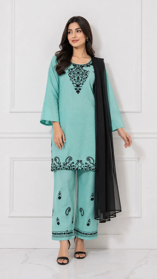 3 Pcs Women's Stitched Cotton Embroidered Suit