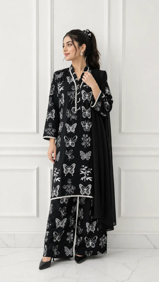 4Pcs Women's Stitched Linen Printed Suit with FREE scrunchie