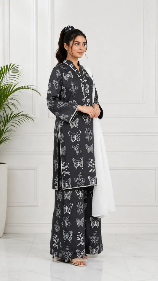 4Pcs Women's Stitched Linen Printed Suit with FREE scrunchie
