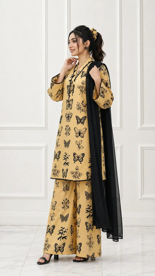 4Pcs Women's Stitched Linen Printed Suit with FREE scrunchie