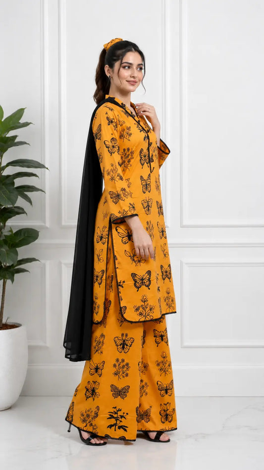 4Pcs Women's Stitched Linen Printed Suit with FREE scrunchie