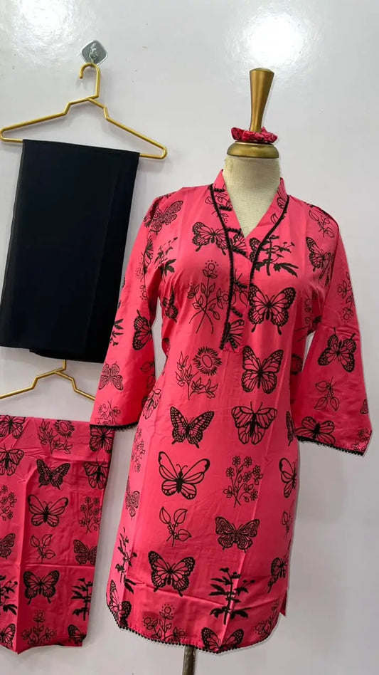 4Pcs Women's Stitched Linen Printed Suit with FREE scrunchie