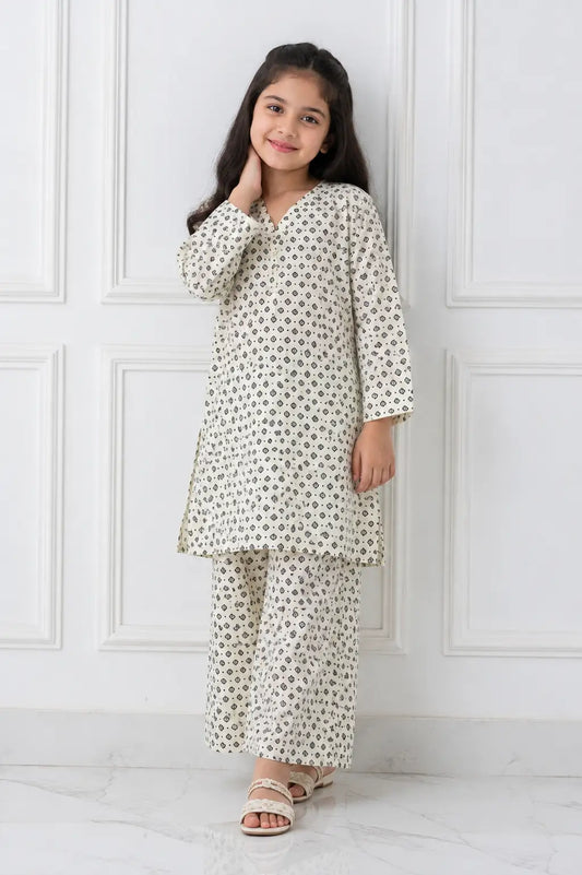 2 Pcs Girl's Stone Linen Printed Frock And Trouser Set