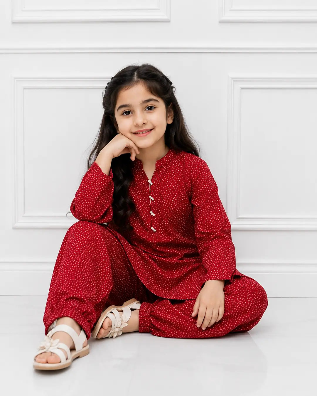 2 Pcs Girl's Stone Linen Printed Frock And Trouser Set