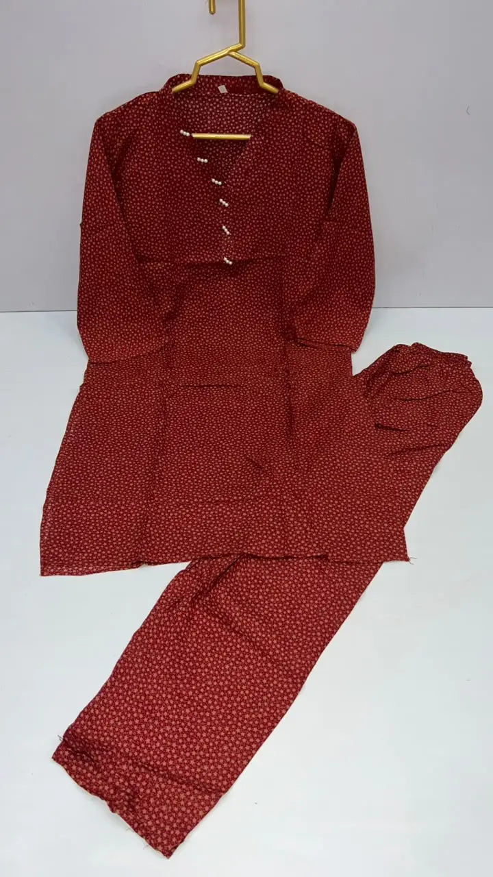2 Pcs Girl's Stone Linen Printed Frock And Trouser Set