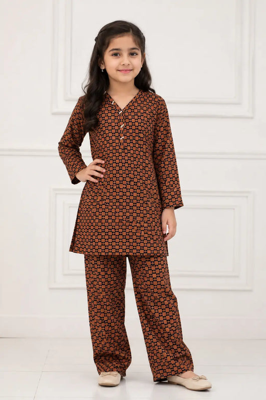 2 Pcs Girl's Stone Linen Printed Frock And Trouser Set