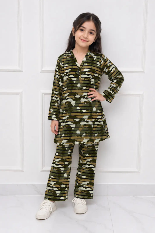 2 Pcs Girl's Stone Linen Printed Frock And Trouser Set