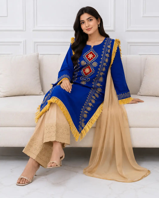 3 Pcs Women's Stitched Linen Hand Embroidered Suit