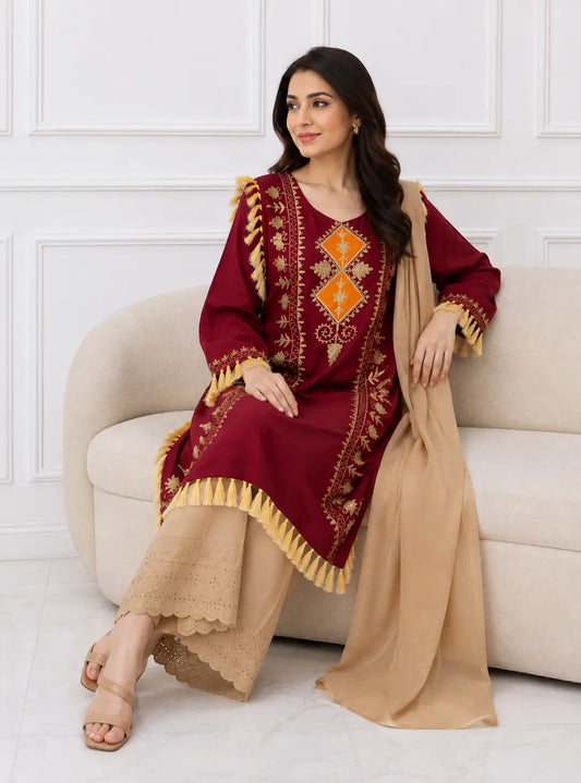 3 Pcs Women's Stitched Linen Hand Embroidered Suit