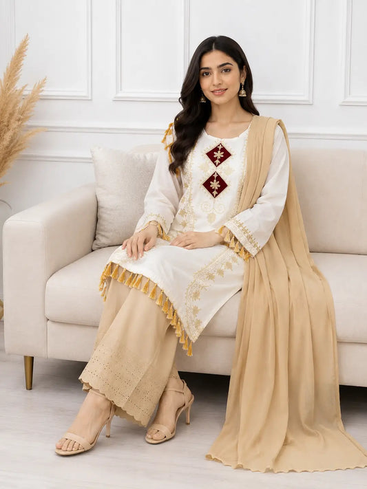 3 Pcs Women's Stitched Linen Hand Embroidered Suit