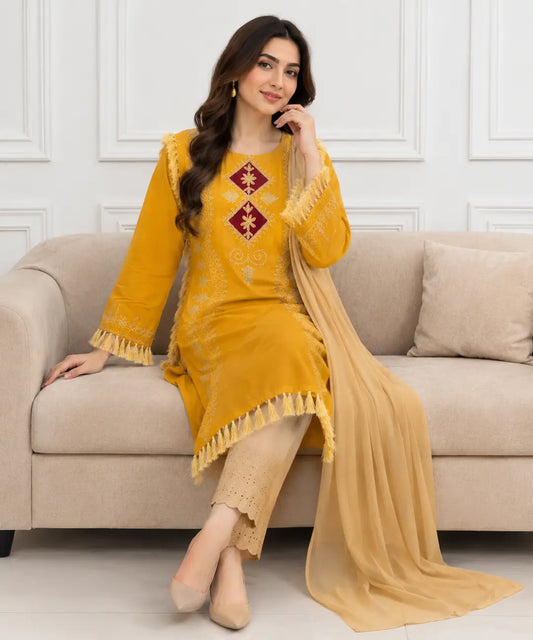 3 Pcs Women's Stitched Linen Hand Embroidered Suit