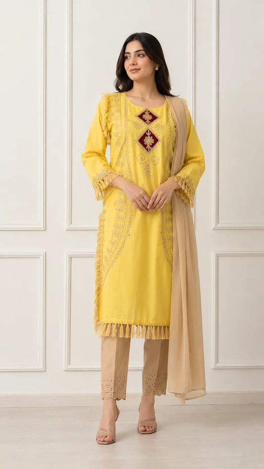 3 Pcs Women's Stitched Linen Hand Embroidered Suit