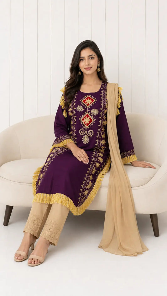 3 Pcs Women's Stitched Linen Hand Embroidered Suit