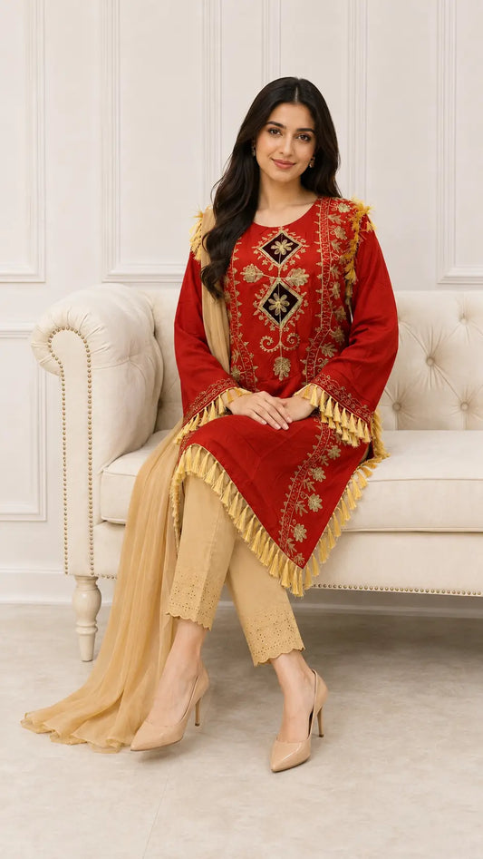 3 Pcs Women's Stitched Linen Hand Embroidered Suit