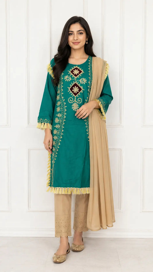 3 Pcs Women's Stitched Linen Hand Embroidered Suit