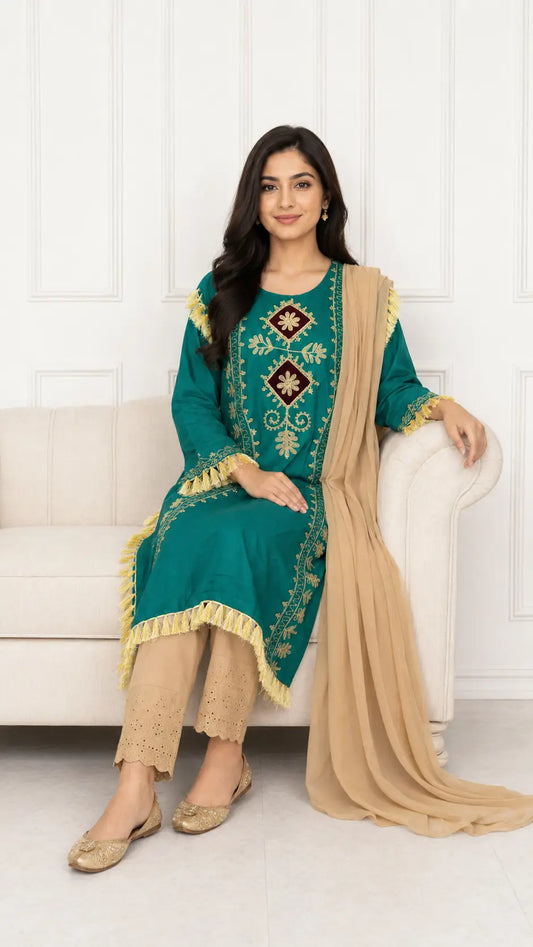 3 Pcs Women's Stitched Linen Hand Embroidered Suit