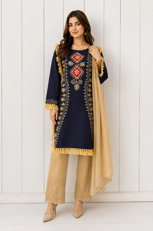 3 Pcs Women's Stitched Linen Hand Embroidered Suit