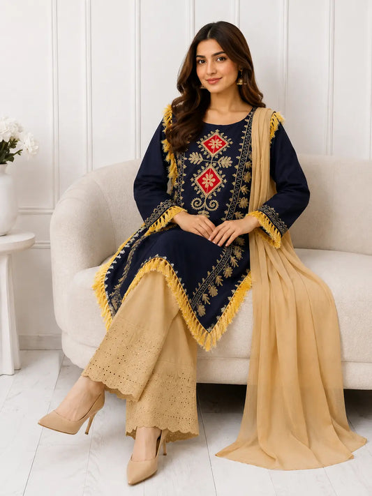3 Pcs Women's Stitched Linen Hand Embroidered Suit