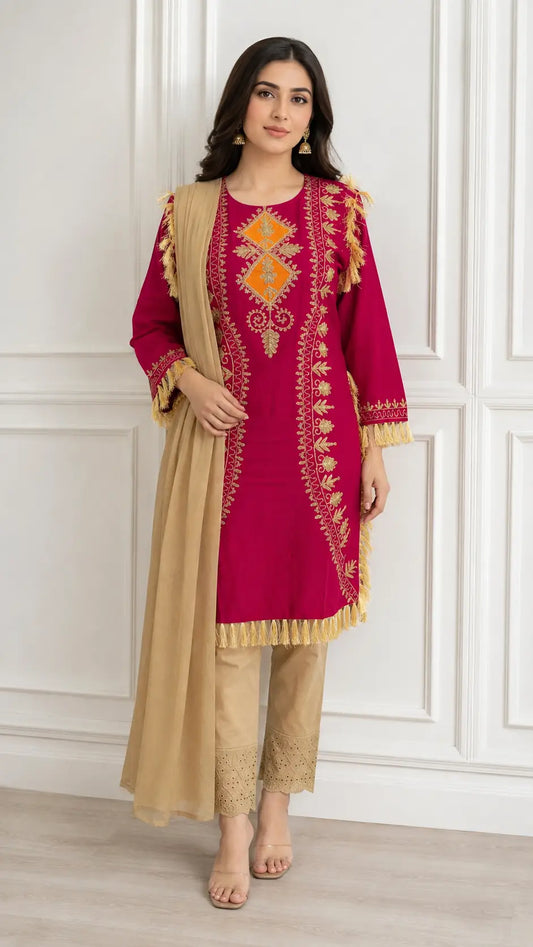 3 Pcs Women's Stitched Linen Hand Embroidered Suit