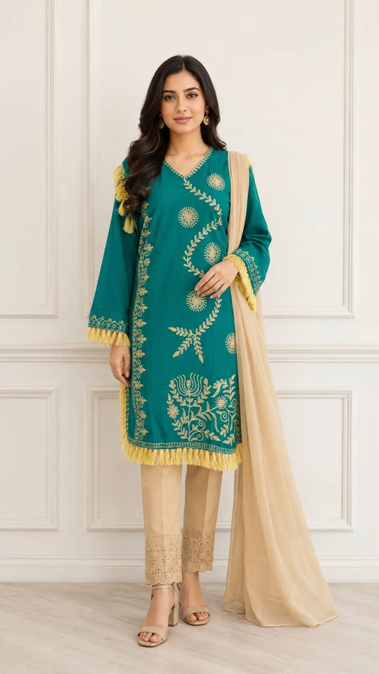 3 Pcs Women's Stitched Linen Hand Embroidered Suit