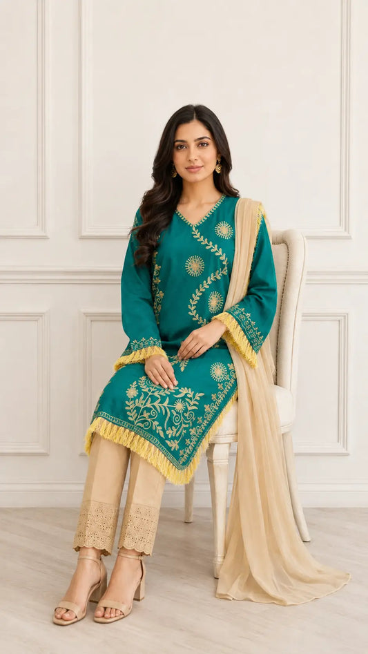 3 Pcs Women's Stitched Linen Hand Embroidered Suit