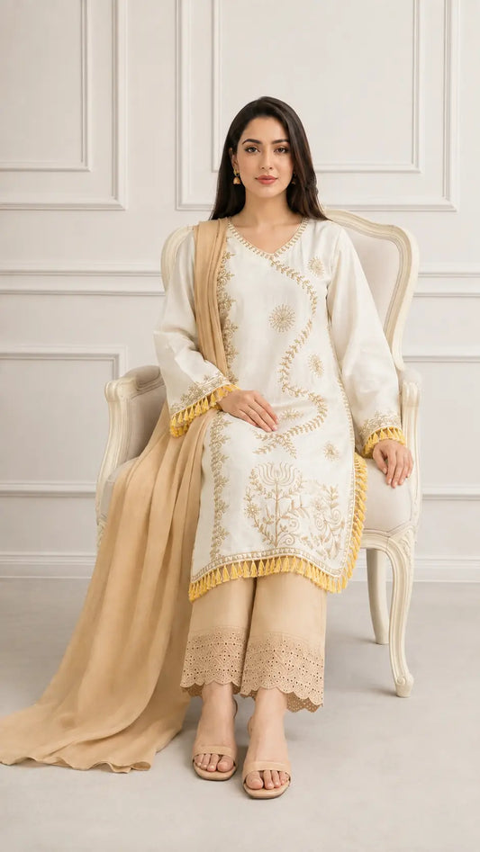 3 Pcs Women's Stitched Linen Hand Embroidered Suit 10 in stock