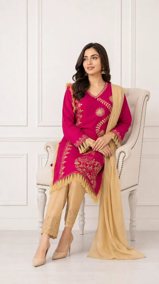 3 Pcs Women's Stitched Linen Hand Embroidered Suit