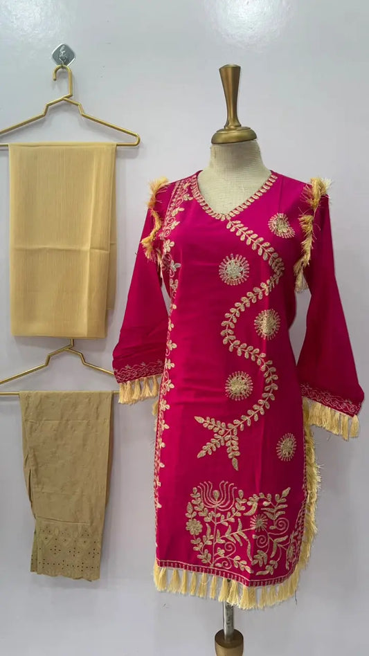 3 Pcs Women's Stitched Linen Hand Embroidered Suit