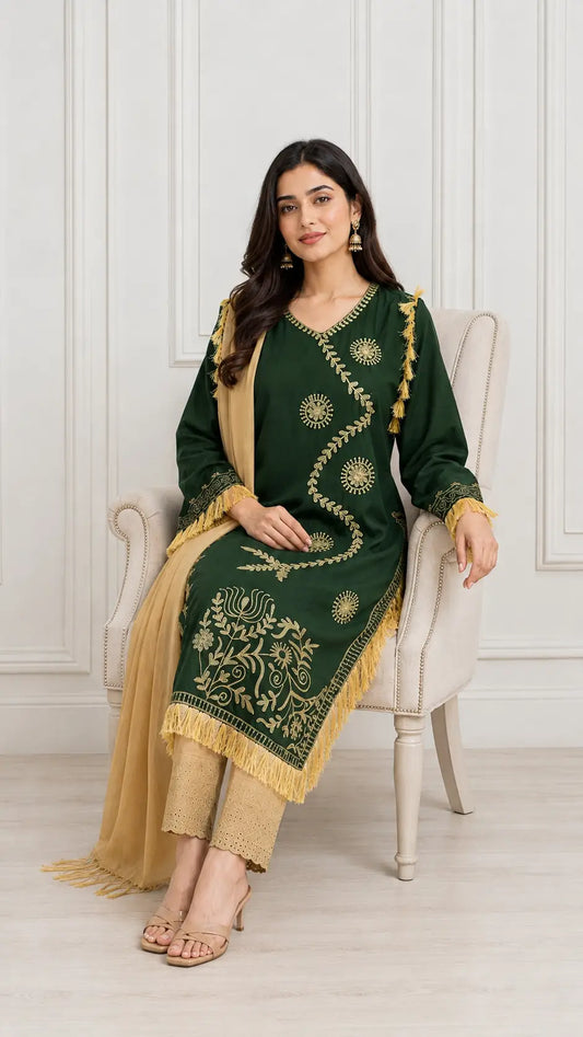 3 Pcs Women's Stitched Linen Hand Embroidered Suit
