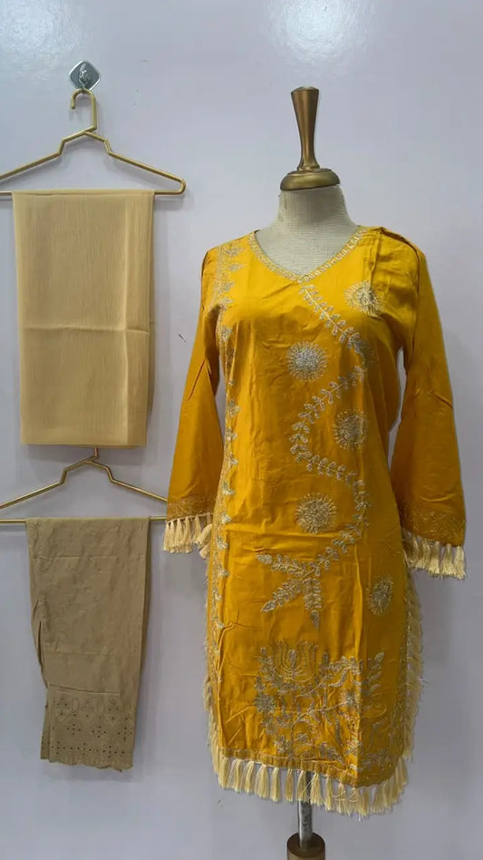 3 Pcs Women's Stitched Linen Hand Embroidered Suit
