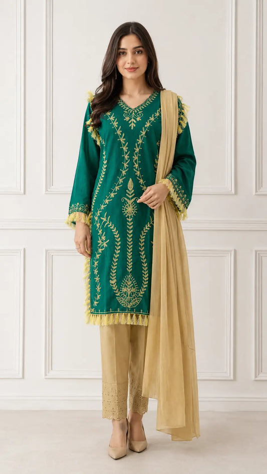 3 Pcs Women's Stitched Linen Hand Embroidered Suit