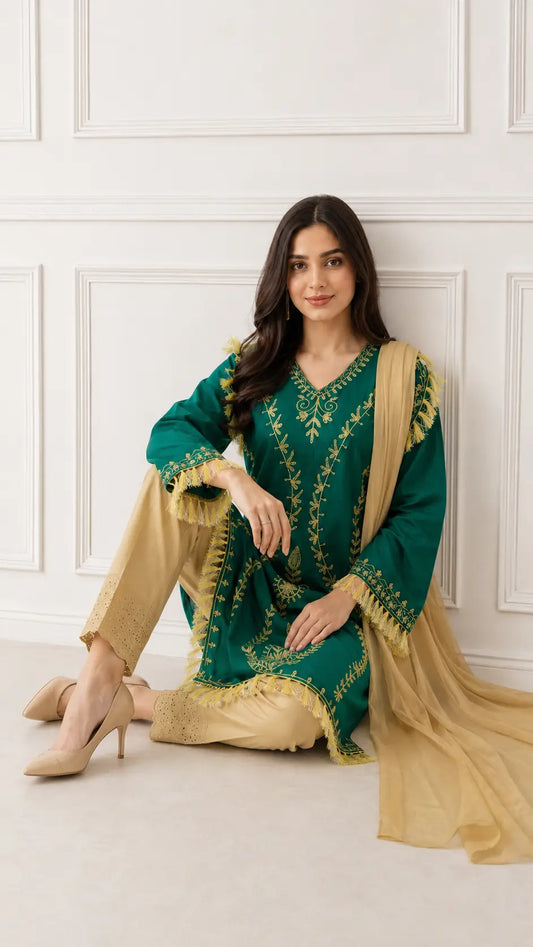 3 Pcs Women's Stitched Linen Hand Embroidered Suit