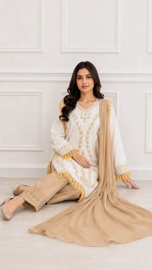 3 Pcs Women's Stitched Linen Hand Embroidered Suit