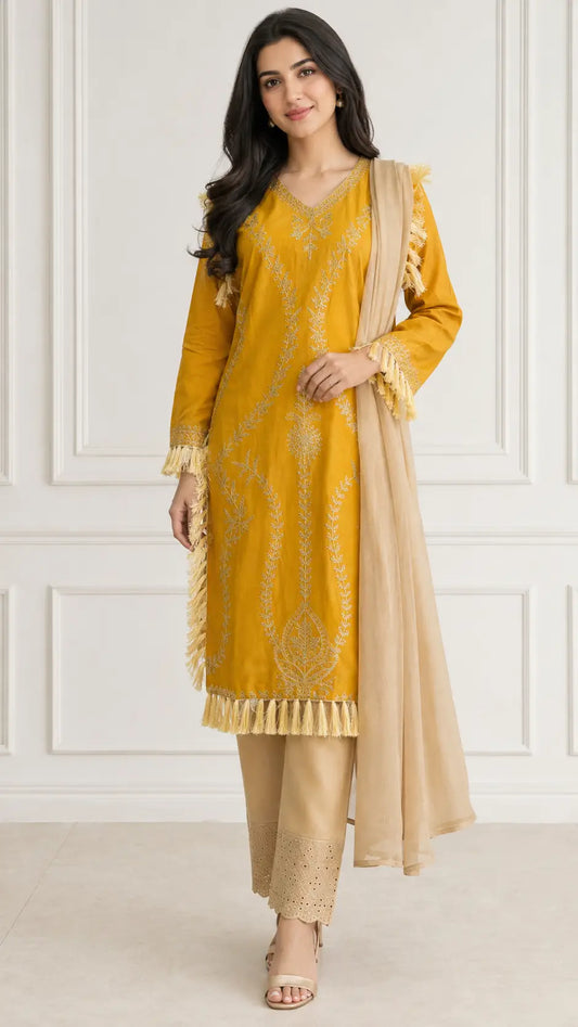 3 Pcs Women's Stitched Linen Hand Embroidered Suit